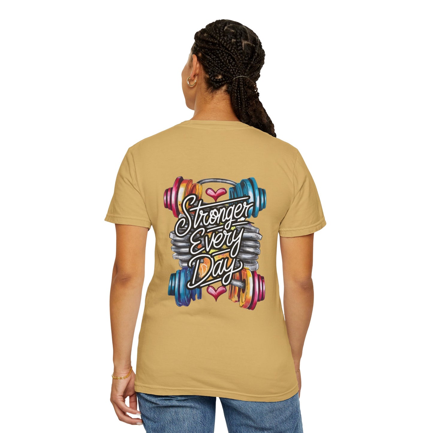 Stronger Every Day Fitness T-Shirt — Motivational Gym Tee with Barbell Design