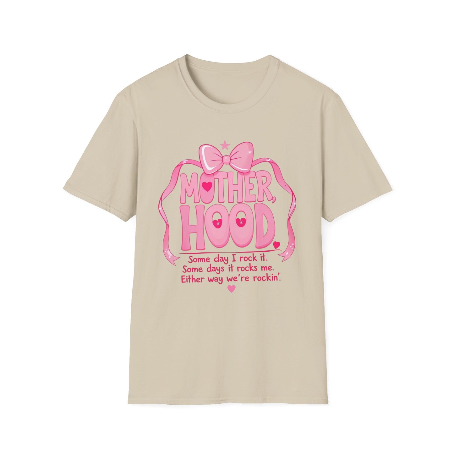 Motherhood Pink Graphic T-Shirt — "Motherhood" Bow Design with Cute Quote