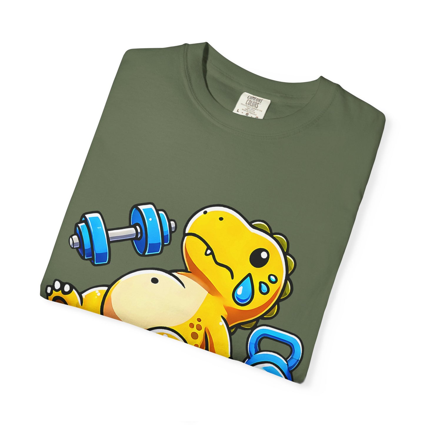 Cute Sweating Dino Lifting Dumbbells