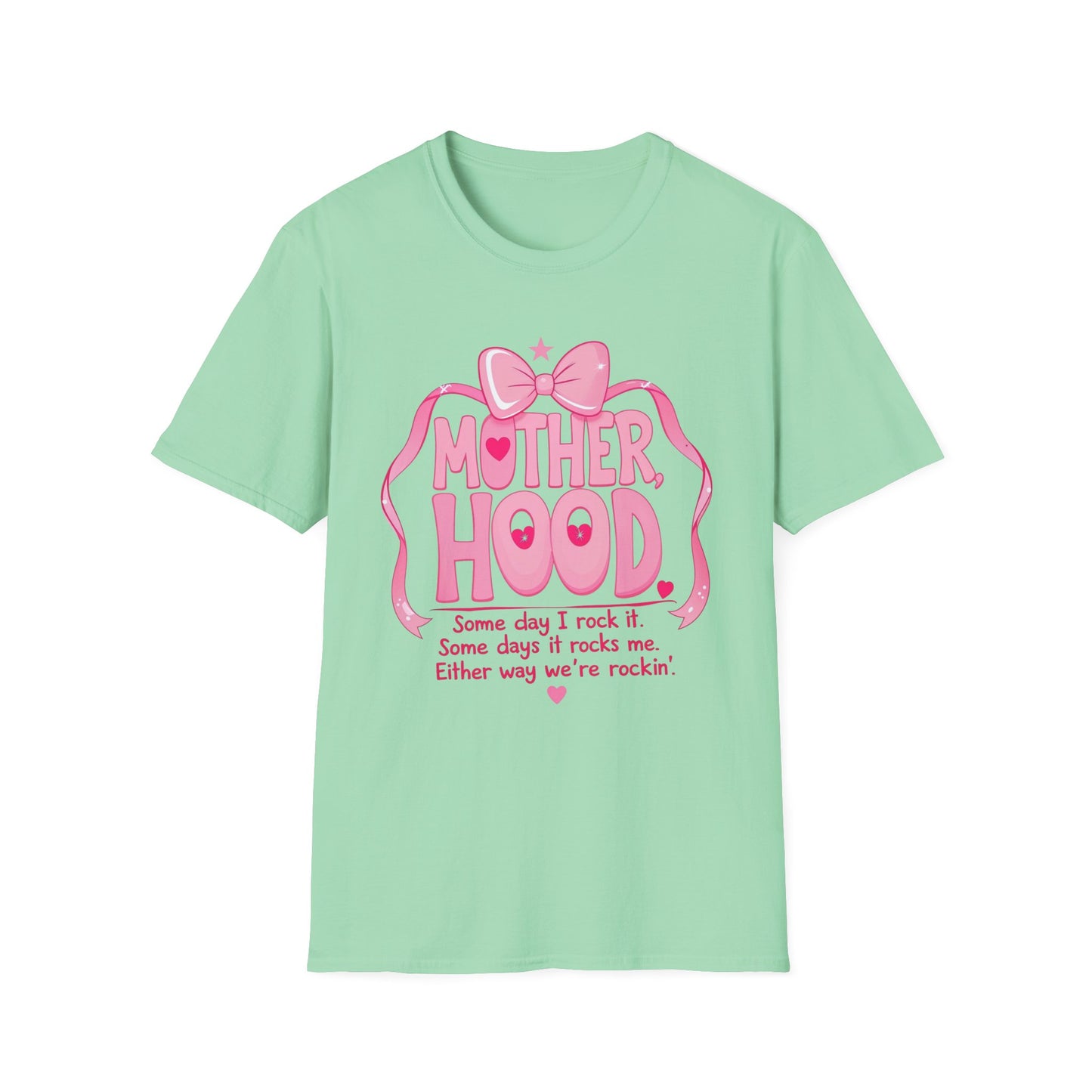 Motherhood Pink Graphic T-Shirt — "Motherhood" Bow Design with Cute Quote