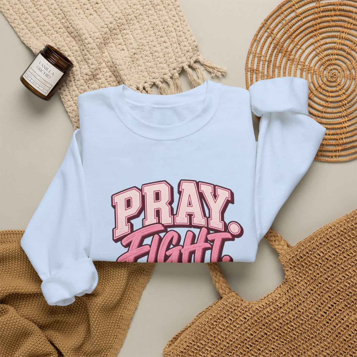 Pray Fight Heal Repeat Sweatshirt — Inspirational Pink Graphic Crewneck