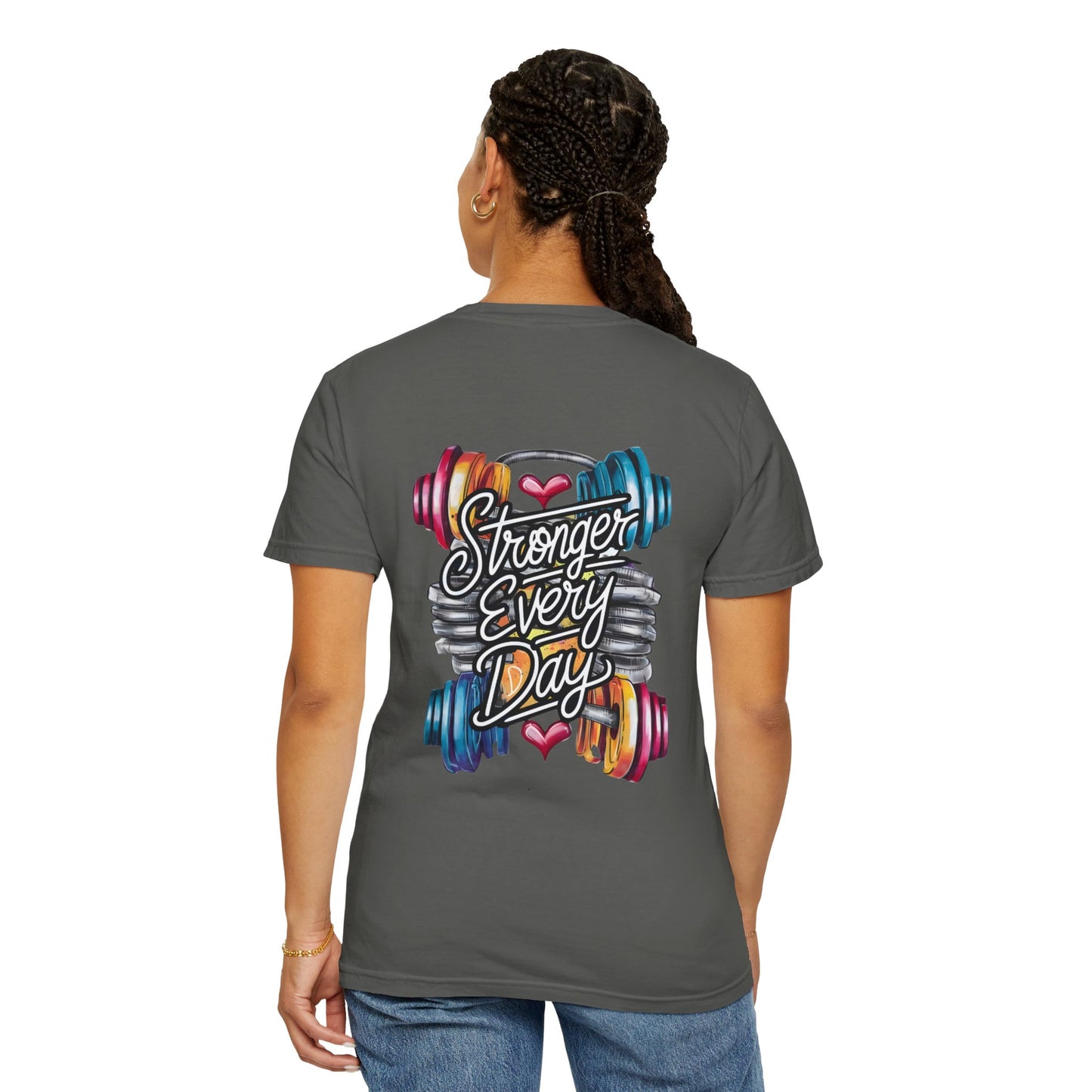 Stronger Every Day Fitness T-Shirt — Motivational Gym Tee with Barbell Design