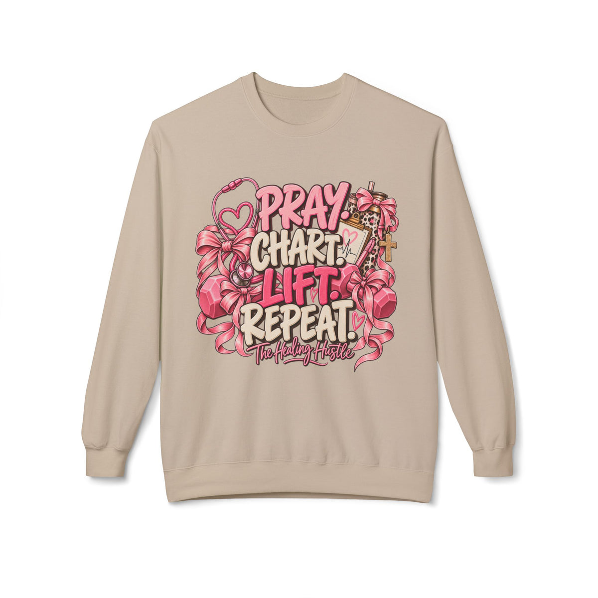 Pray Chart Lift Repeat Crewneck Sweatshirt — Christian Fitness Inspirational Pullover