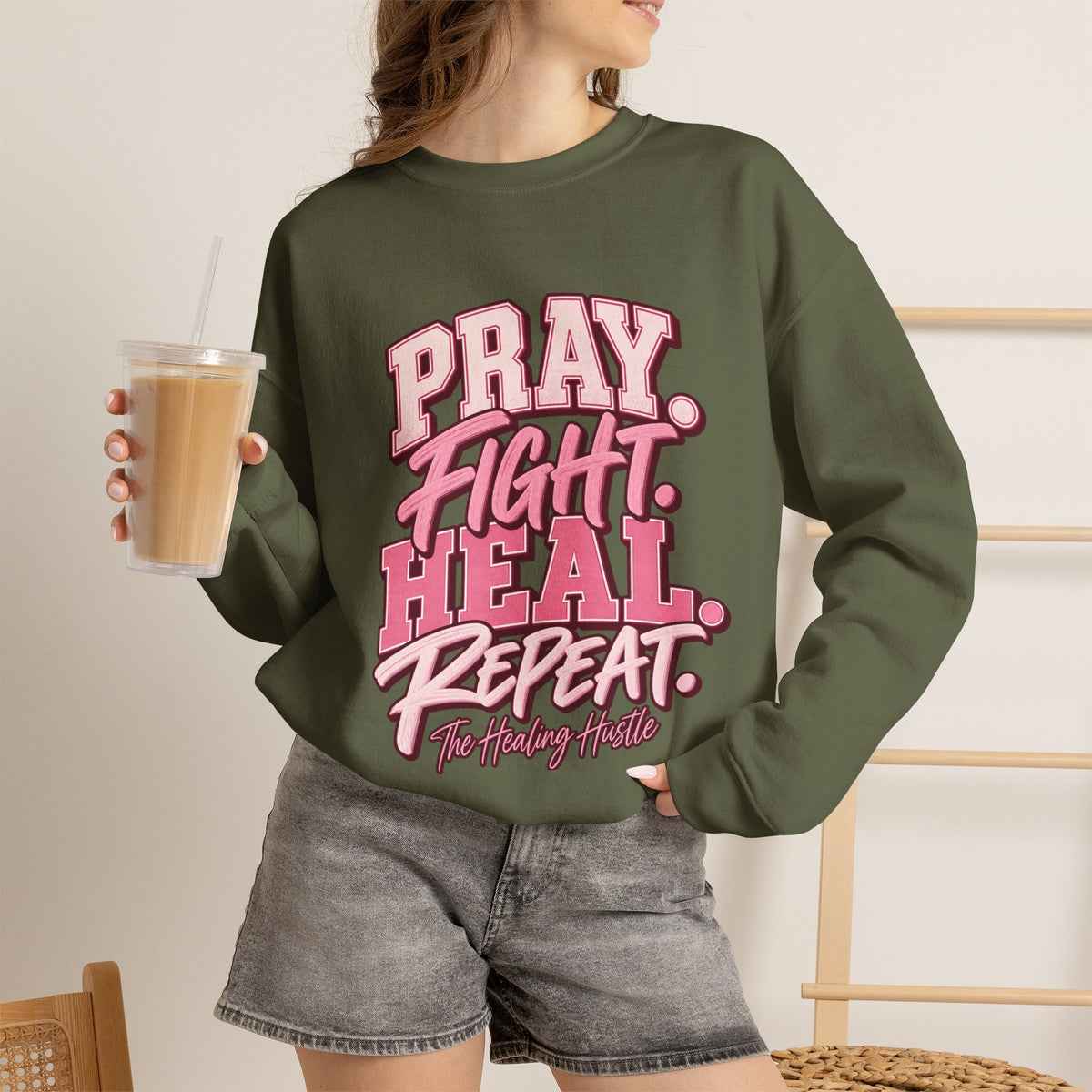 Pray Fight Heal Repeat Sweatshirt — Inspirational Pink Graphic Crewneck
