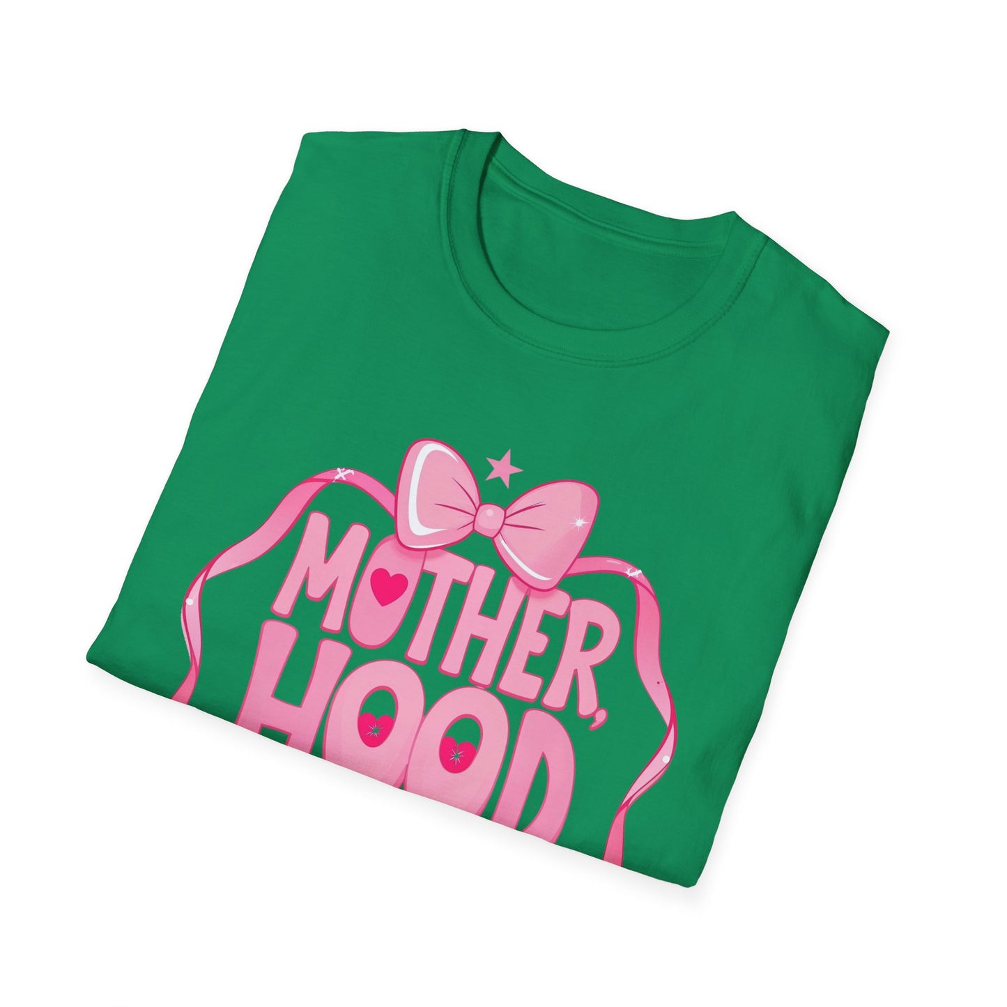 Motherhood Pink Graphic T-Shirt — "Motherhood" Bow Design with Cute Quote