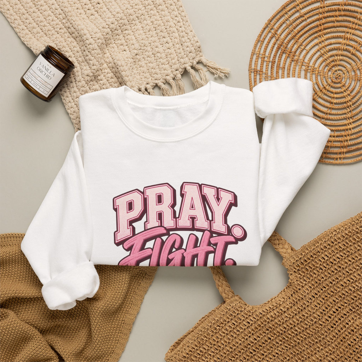 Pray Fight Heal Repeat Sweatshirt — Inspirational Pink Graphic Crewneck
