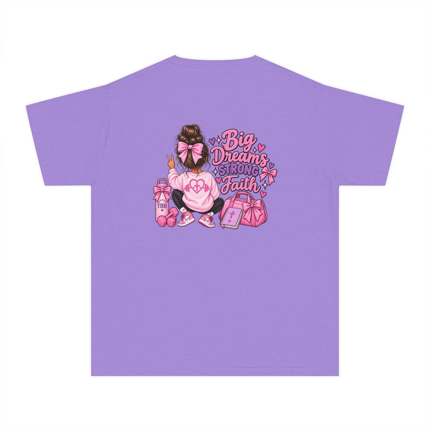 Youth Tee — "Big Dreams, Bigger Faith" Pink Bow Graphic