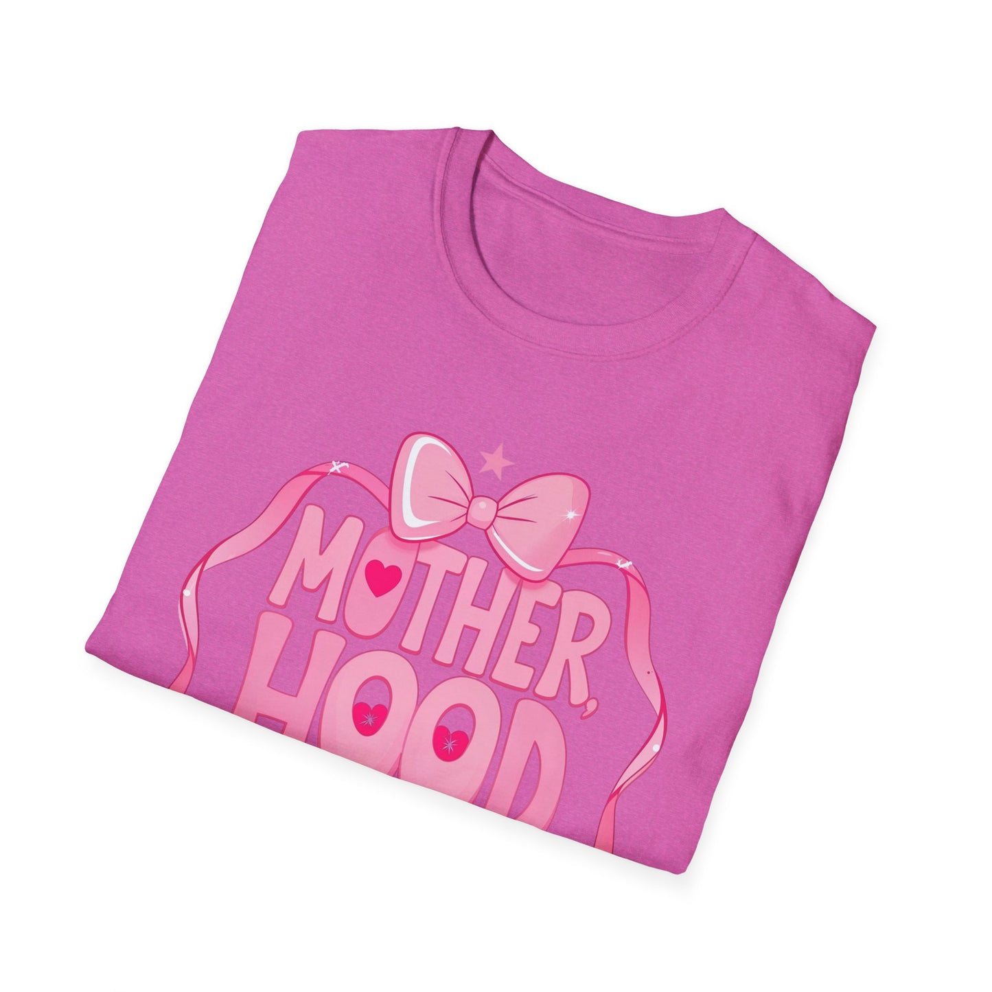 Motherhood Pink Graphic T-Shirt — "Motherhood" Bow Design with Cute Quote
