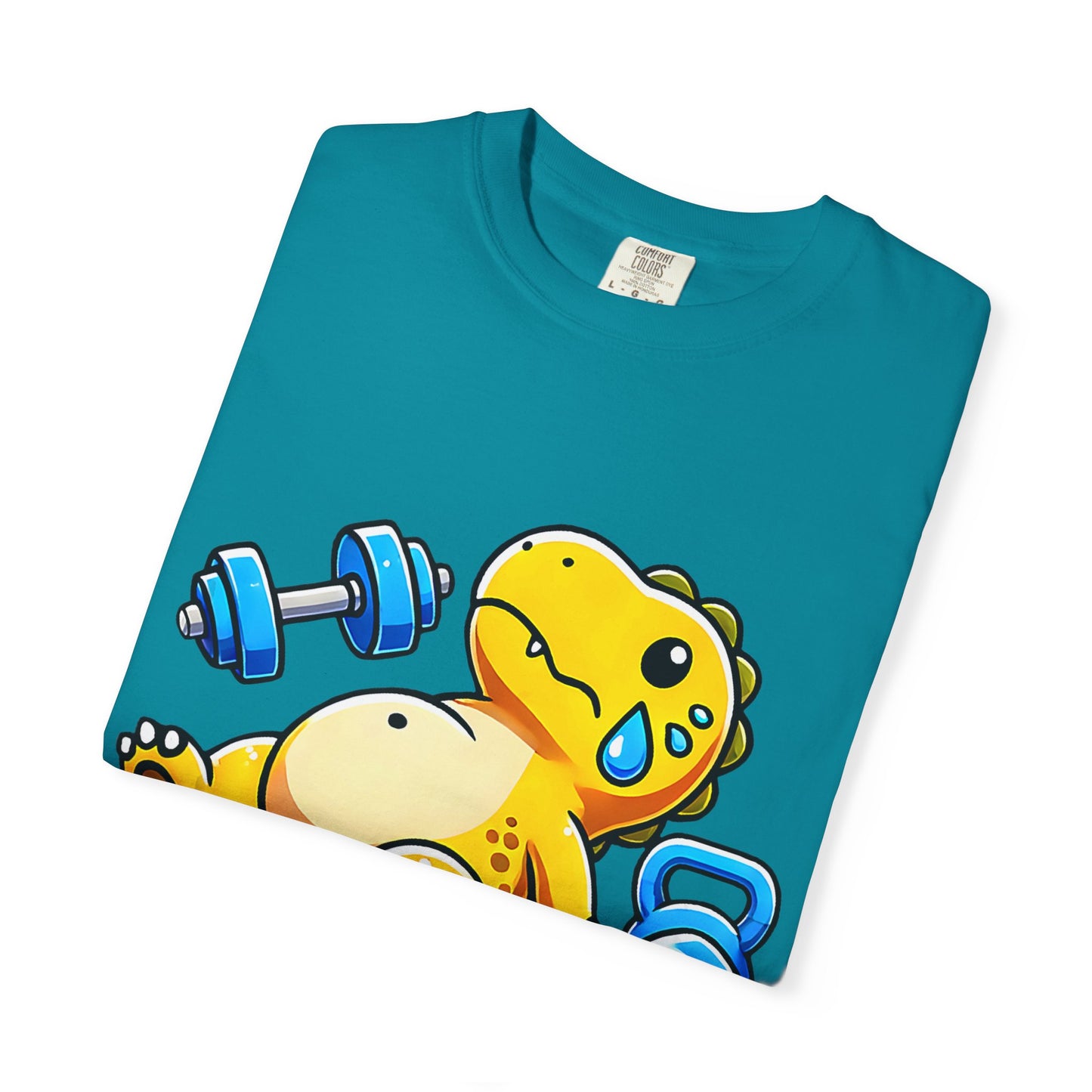 Cute Sweating Dino Lifting Dumbbells