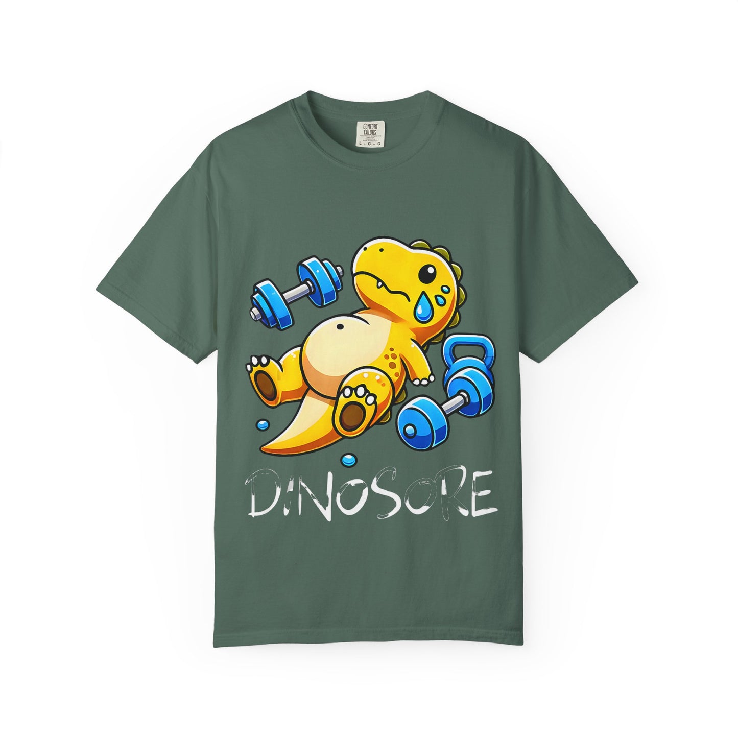 Cute Sweating Dino Lifting Dumbbells