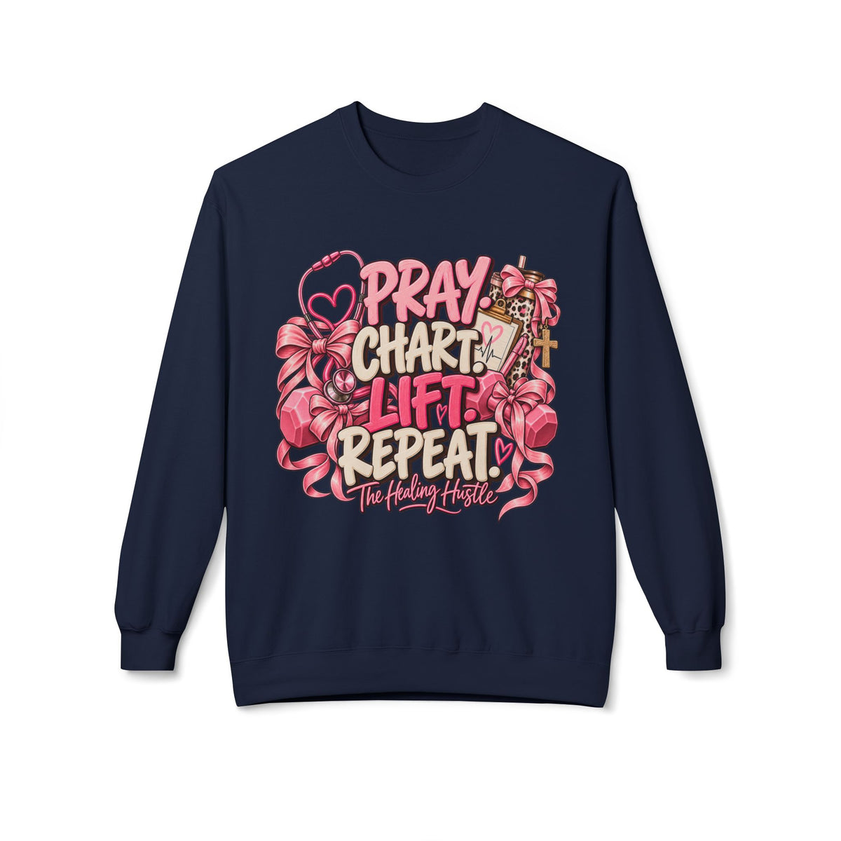 Pray Chart Lift Repeat Crewneck Sweatshirt — Christian Fitness Inspirational Pullover