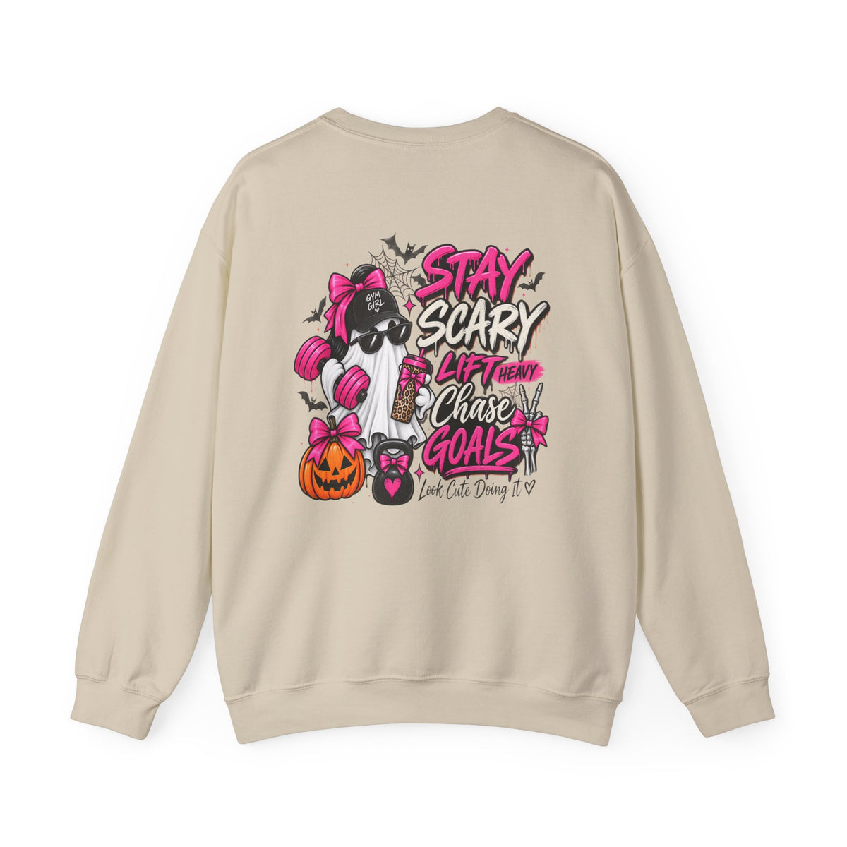Crewneck Sweatshirt — "Stay Scary, Lift Heavy, Chase Goals" Halloween Gym Graphic