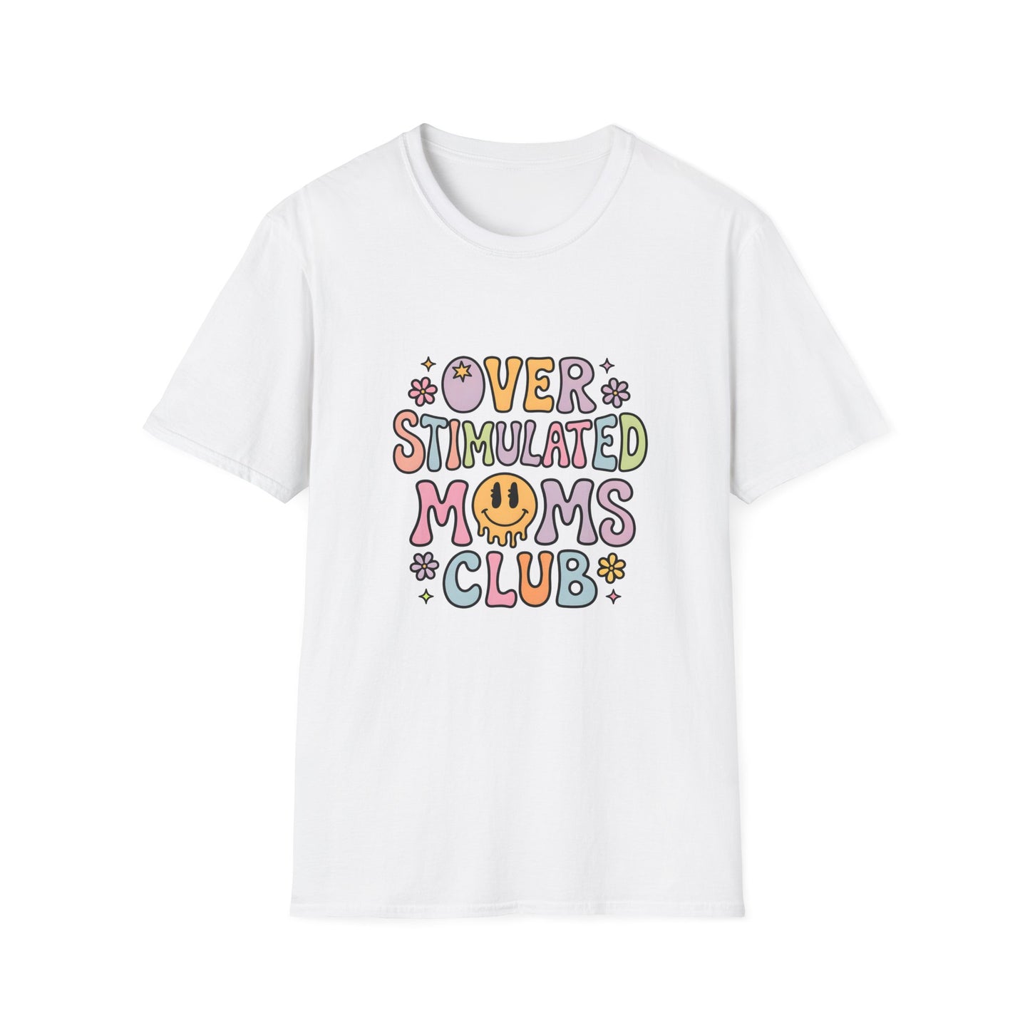 Overstimulated Moms Club T-Shirt — Cute Retro Smiley Graphic for Tired Moms