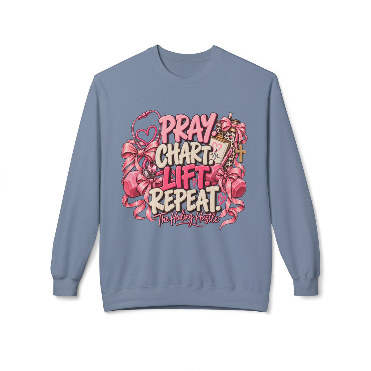 Pray Chart Lift Repeat Crewneck Sweatshirt — Christian Fitness Inspirational Pullover