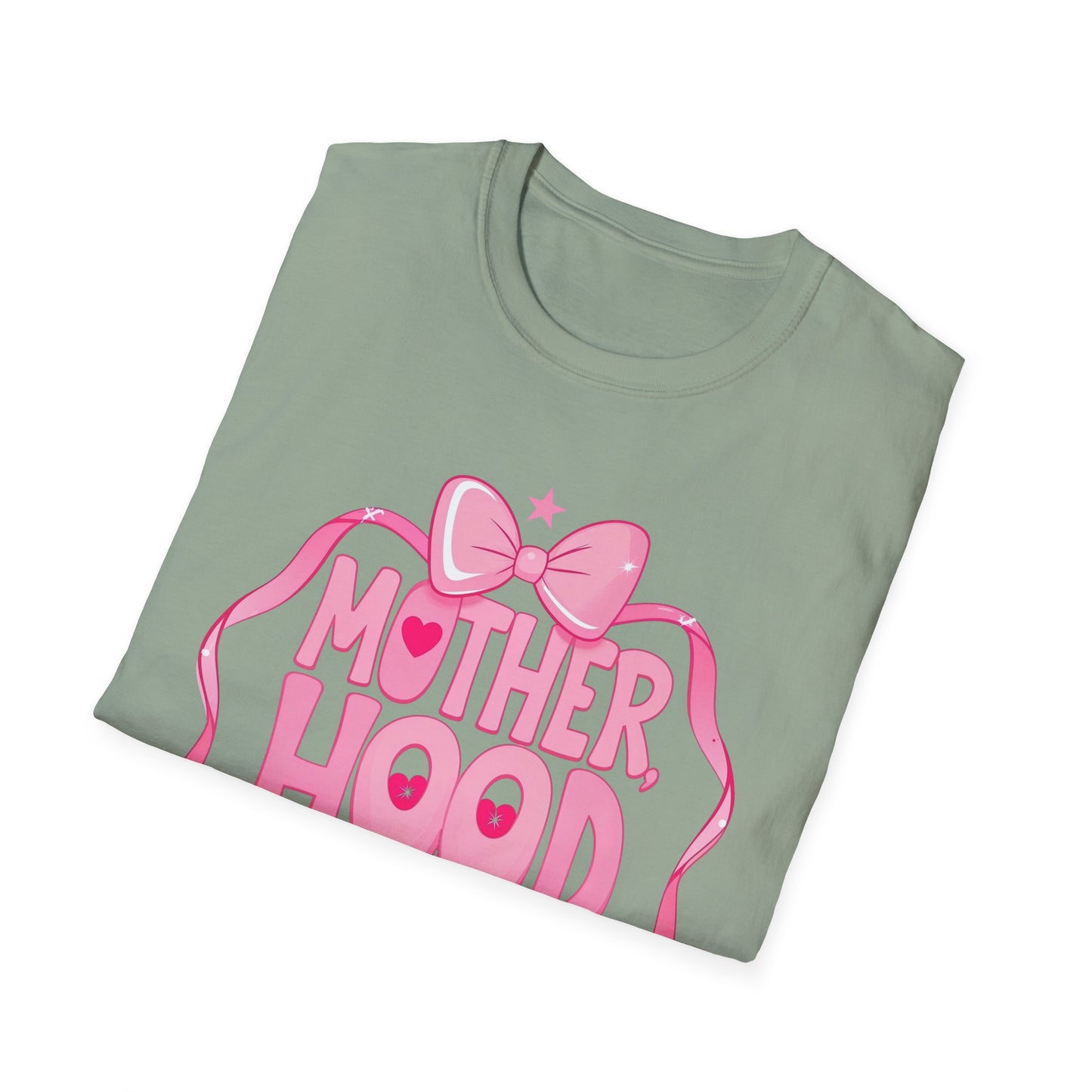 Motherhood Pink Graphic T-Shirt — "Motherhood" Bow Design with Cute Quote