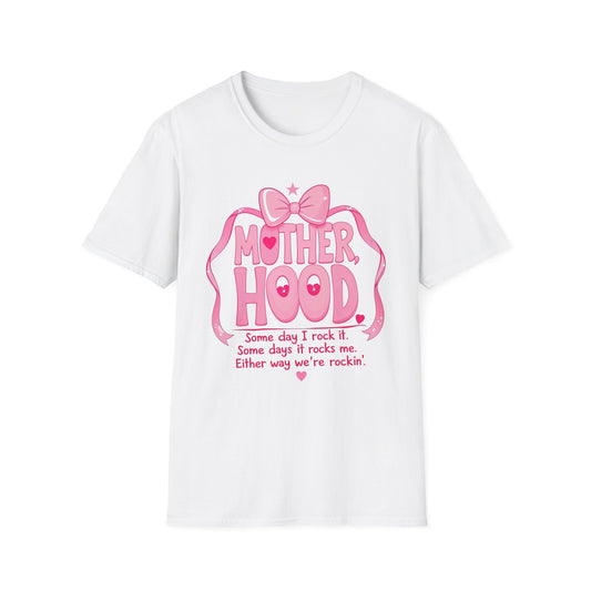 Motherhood Pink Graphic T-Shirt — "Motherhood" Bow Design with Cute Quote