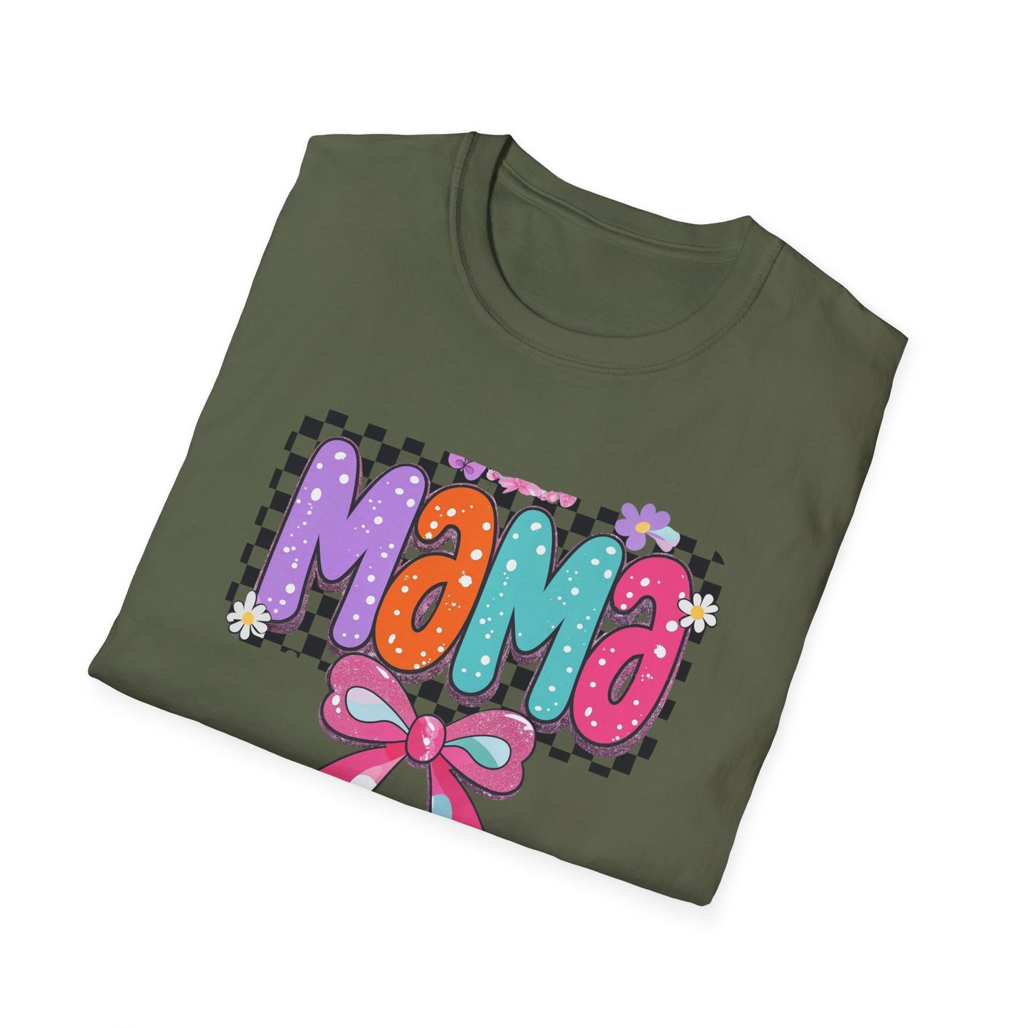 Mama Colorful Plaid Bow T-Shirt — Cute Floral "Mama" Graphic Tee for Moms, Mother's Day Gift