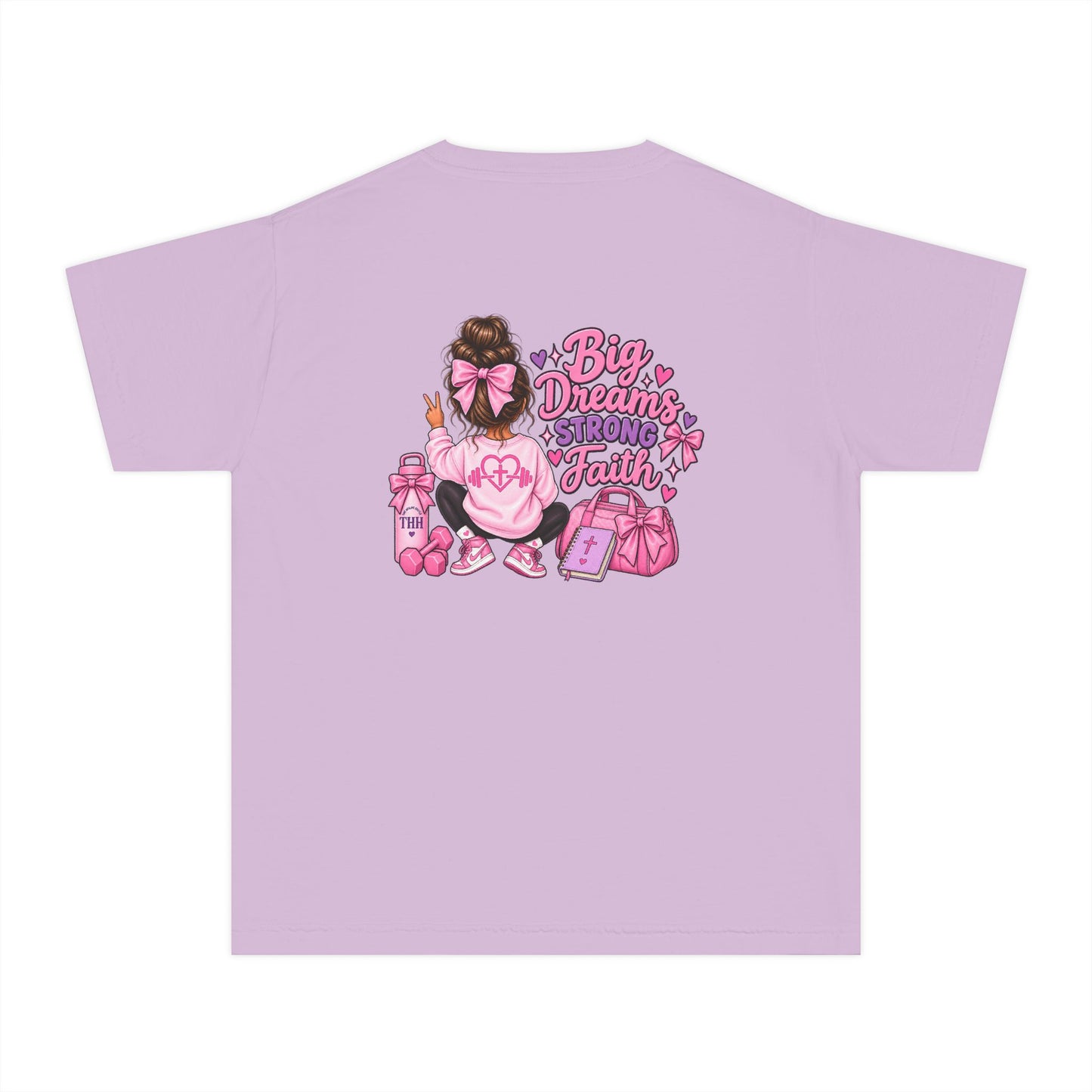 Youth Tee — "Big Dreams, Bigger Faith" Pink Bow Graphic