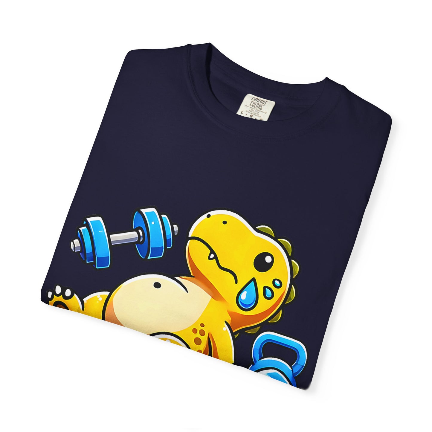 Cute Sweating Dino Lifting Dumbbells