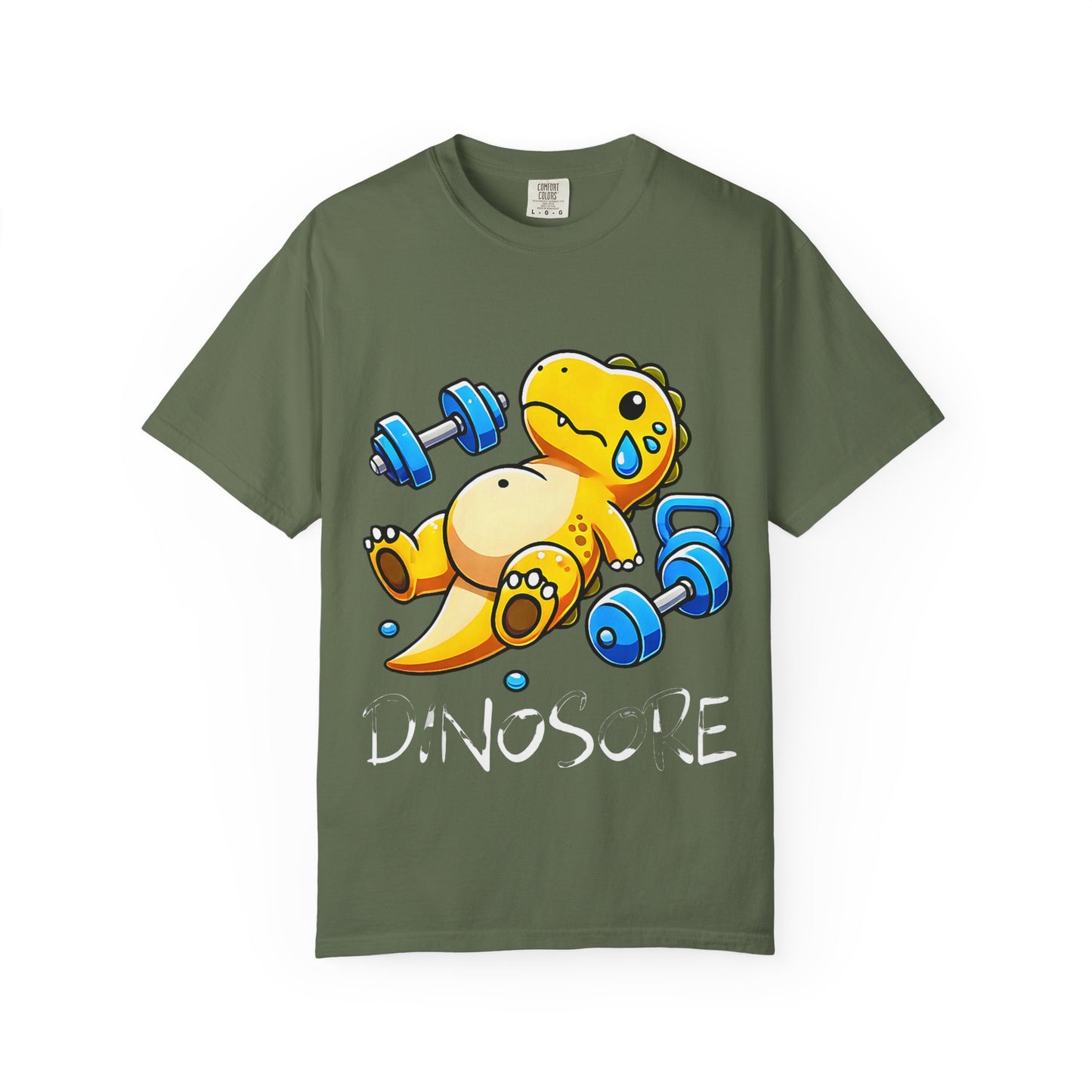 Cute Sweating Dino Lifting Dumbbells