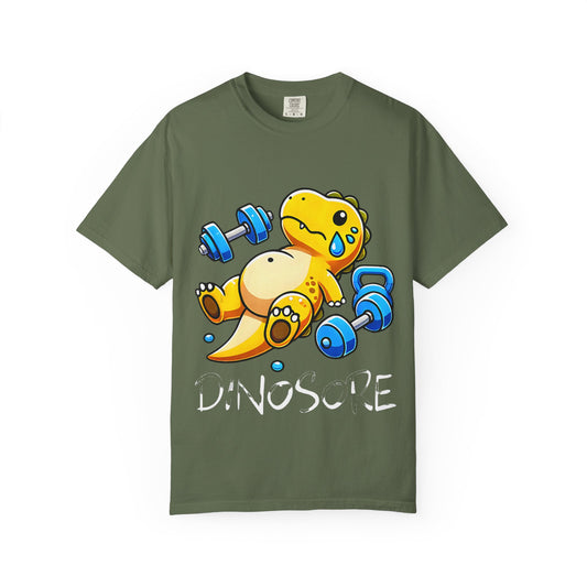 Cute Sweating Dino Lifting Dumbbells