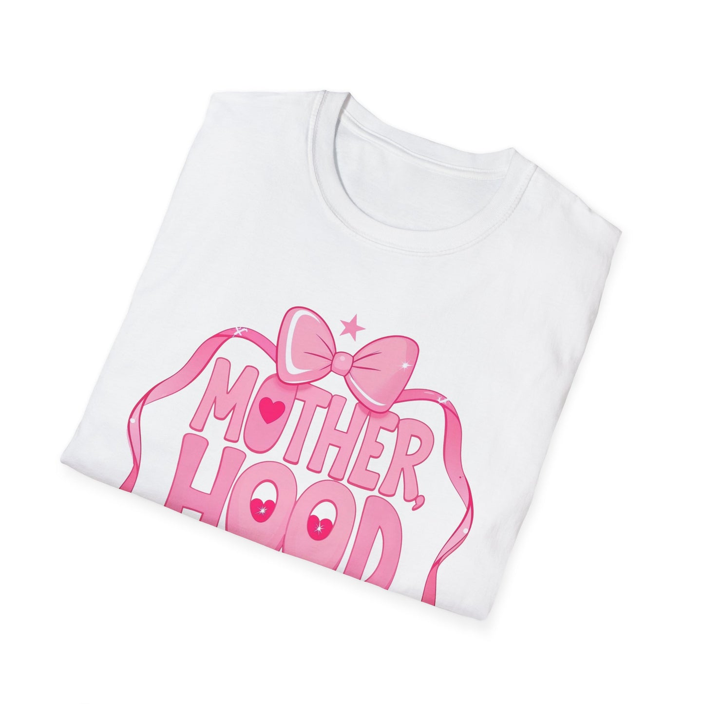 Motherhood Pink Graphic T-Shirt — "Motherhood" Bow Design with Cute Quote
