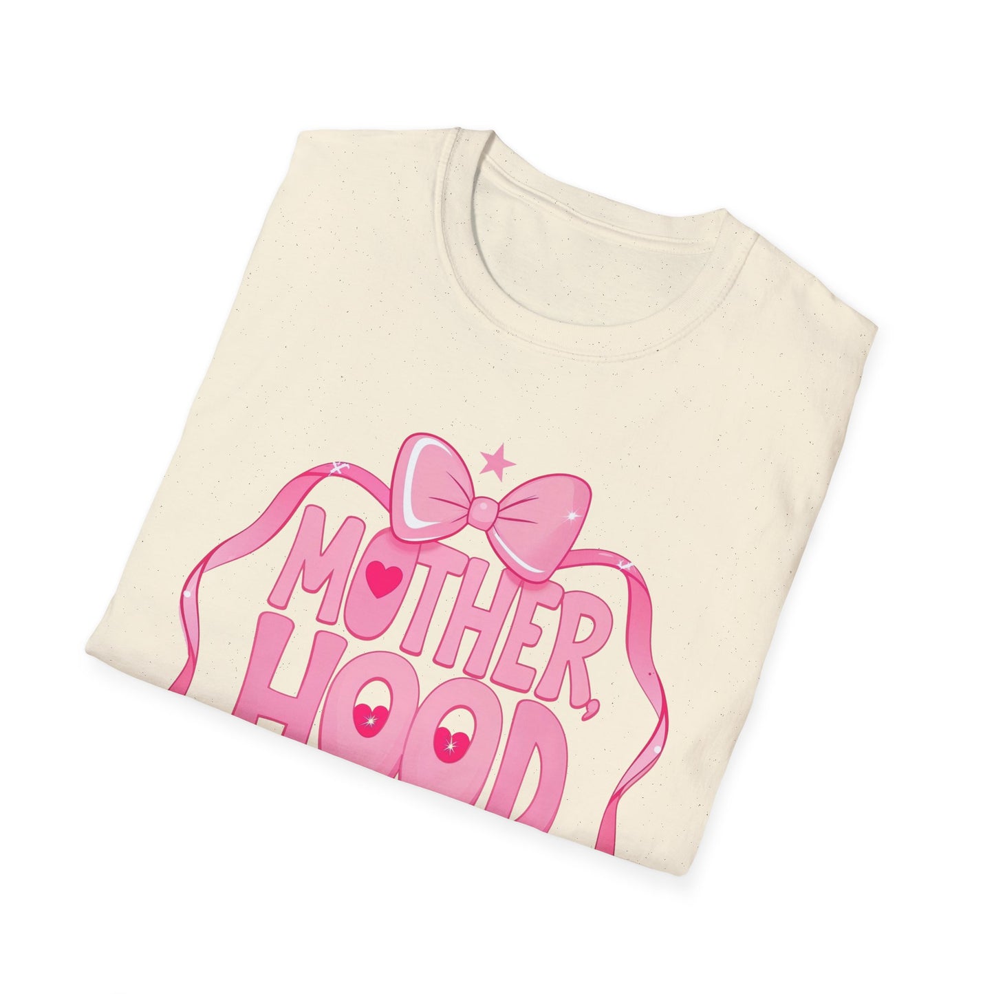 Motherhood Pink Graphic T-Shirt — "Motherhood" Bow Design with Cute Quote