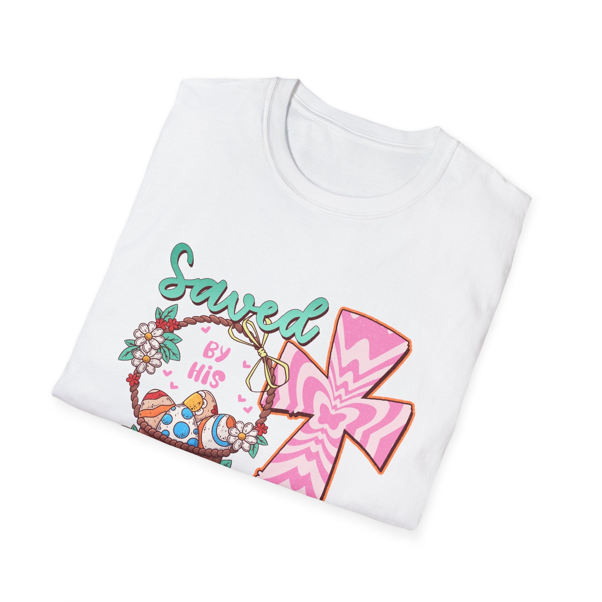 Saved By His Grace Christian T-Shirt — Colorful Cross & Floral Faith Tee