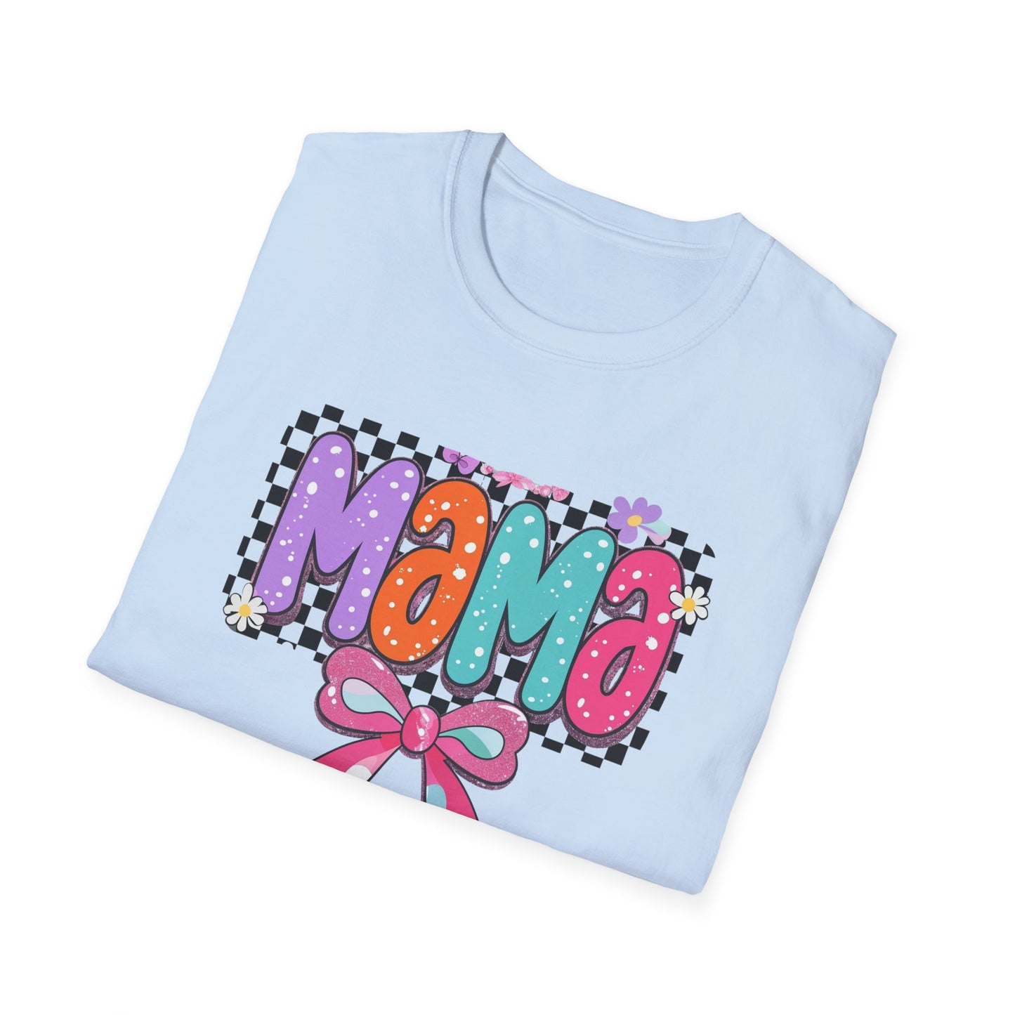 Mama Colorful Plaid Bow T-Shirt — Cute Floral "Mama" Graphic Tee for Moms, Mother's Day Gift