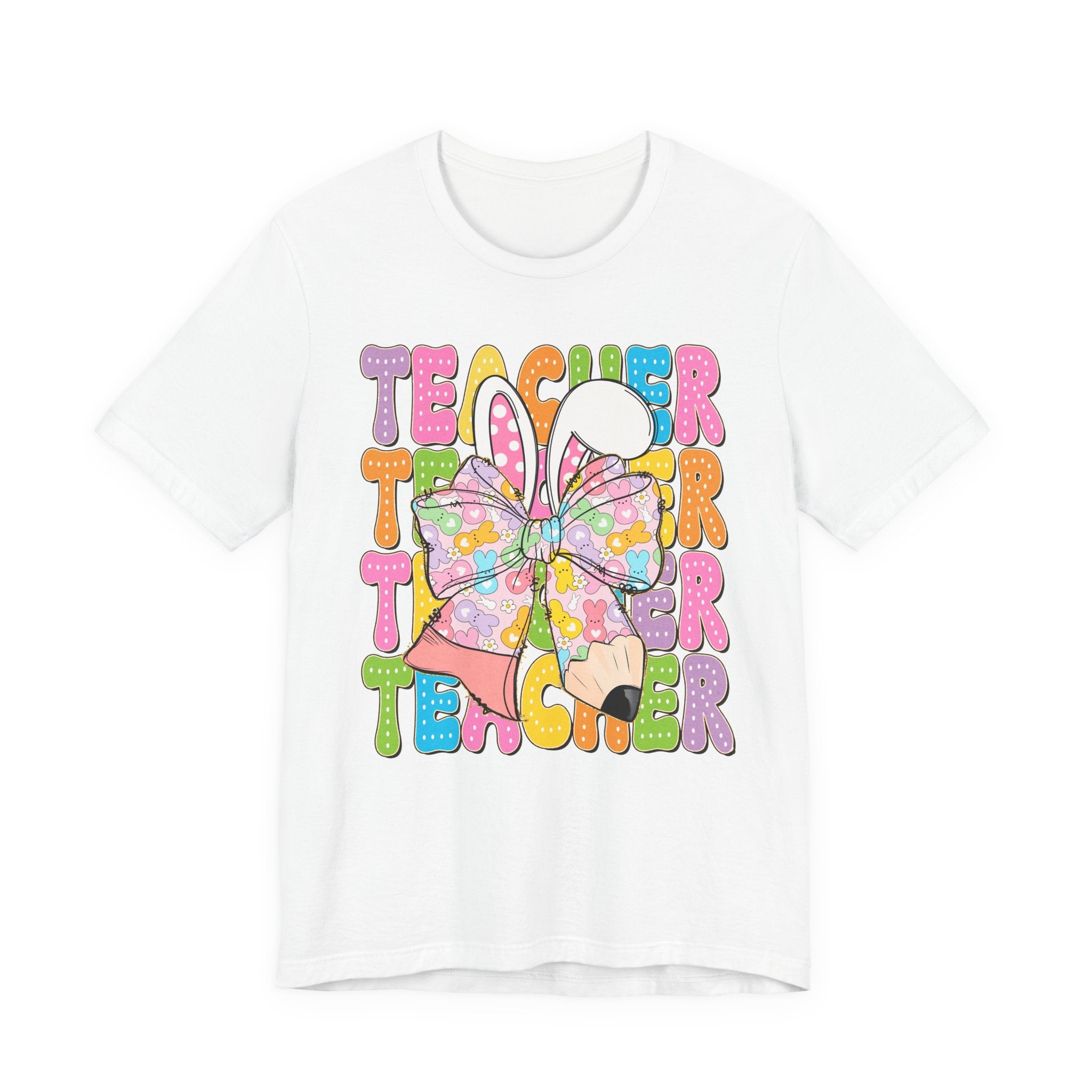 Teacher Bunny Graphic Tee — Colorful Retro Teacher Shirt