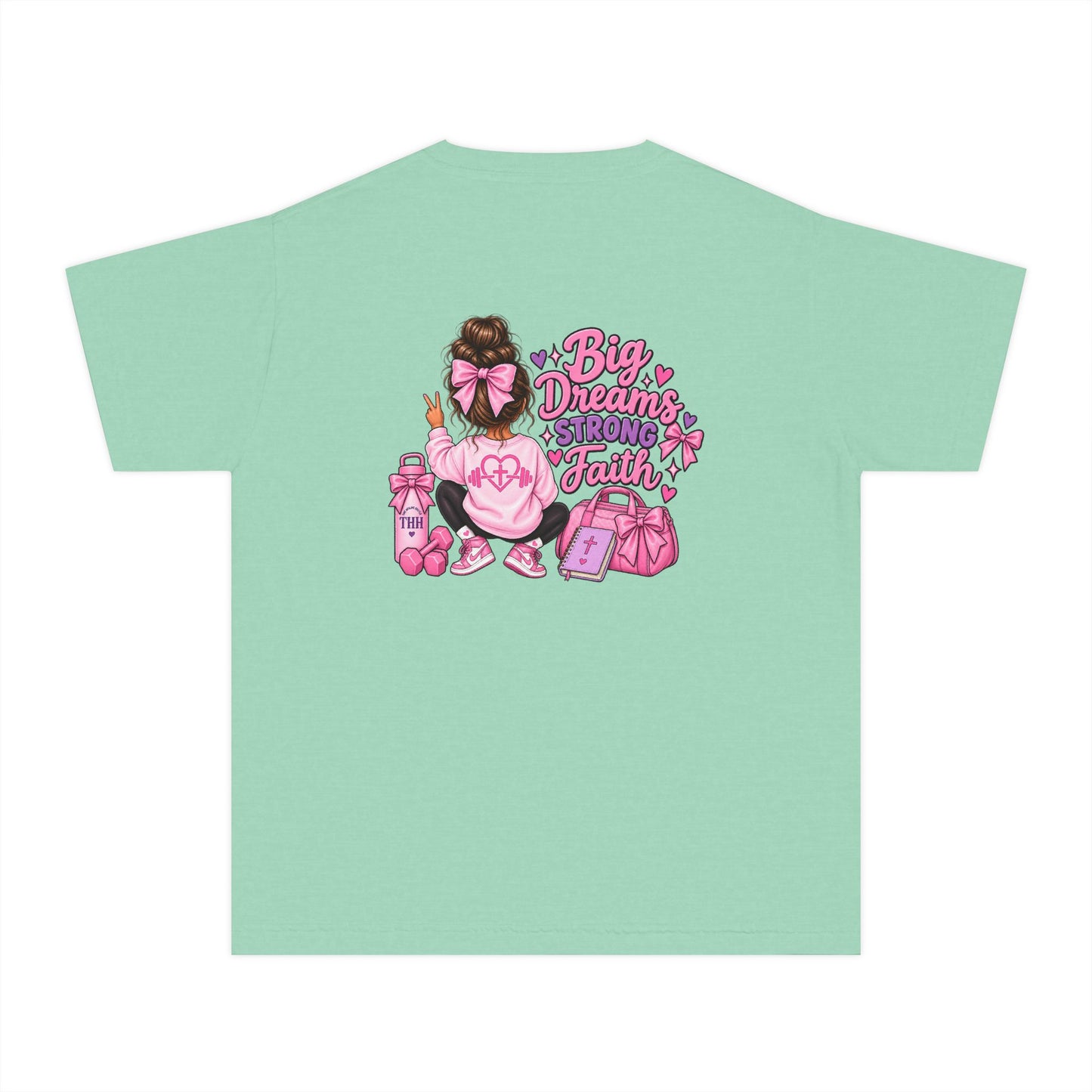 Youth Tee — "Big Dreams, Bigger Faith" Pink Bow Graphic