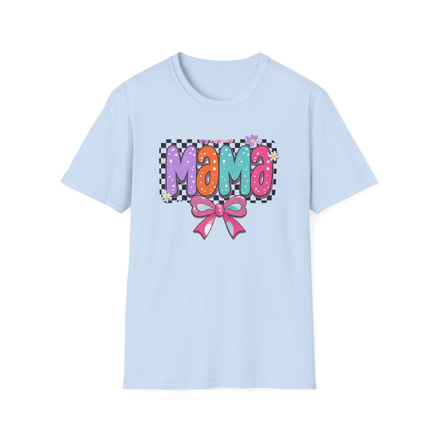 Mama Colorful Plaid Bow T-Shirt — Cute Floral "Mama" Graphic Tee for Moms, Mother's Day Gift