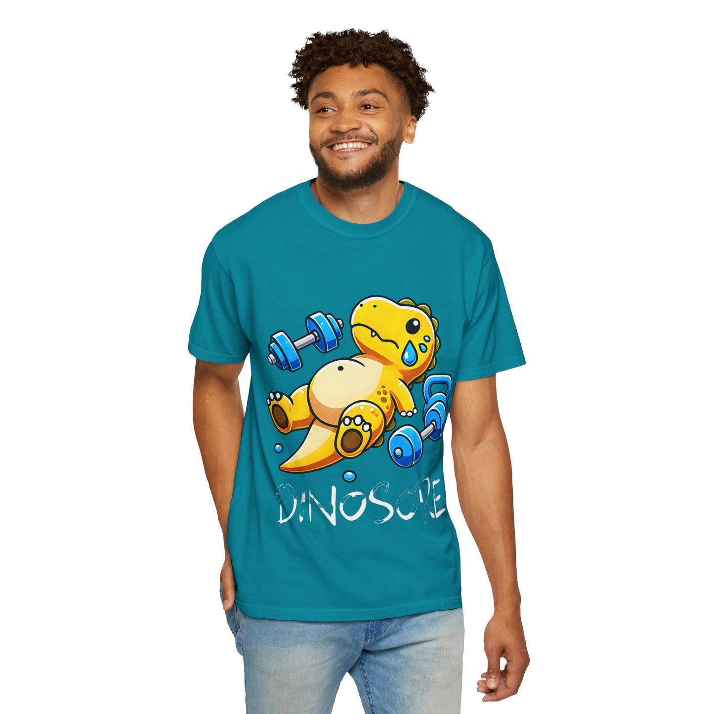 Cute Sweating Dino Lifting Dumbbells