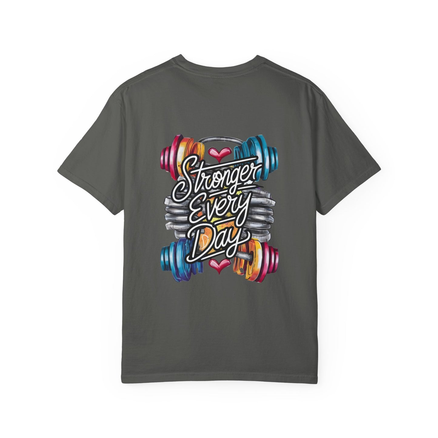 Stronger Every Day Fitness T-Shirt — Motivational Gym Tee with Barbell Design