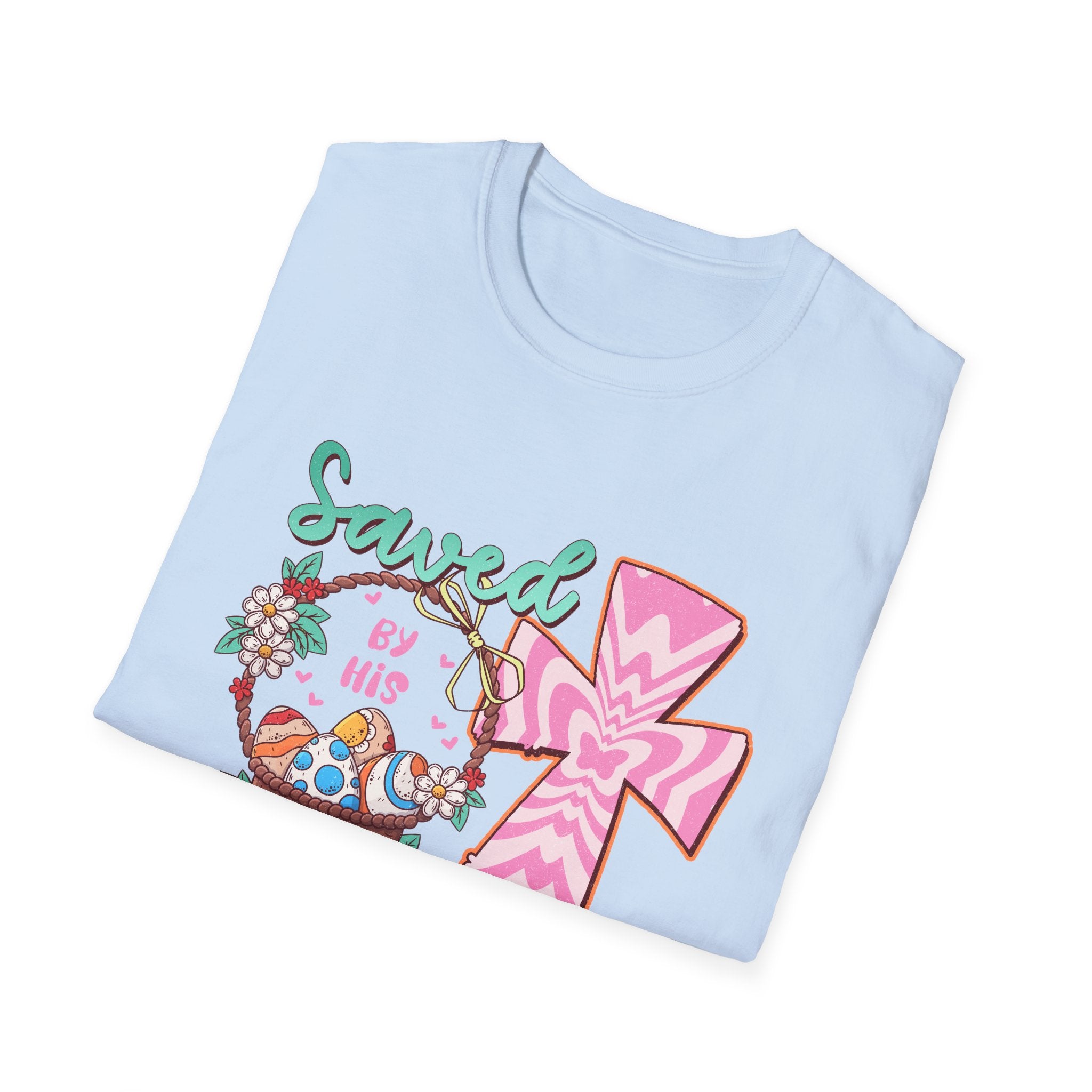 Saved By His Grace Christian T-Shirt — Colorful Cross & Floral Faith Tee