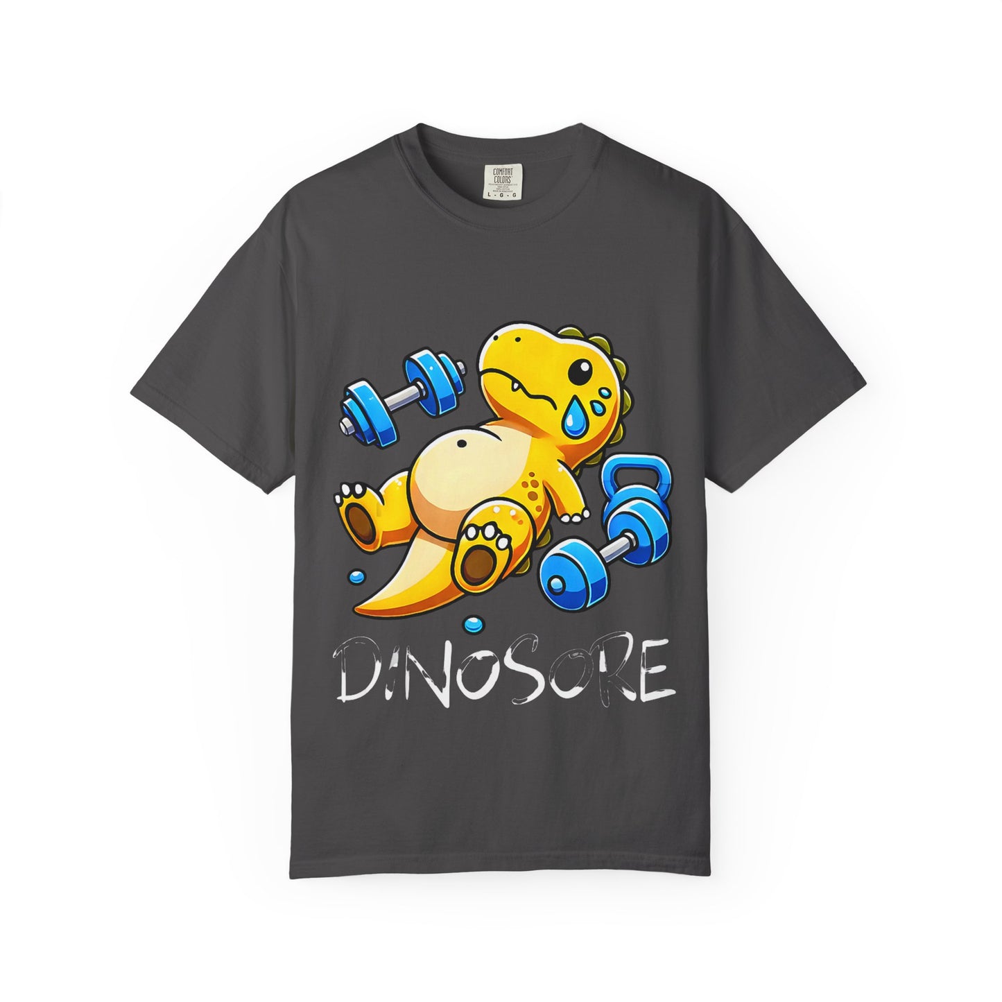 Cute Sweating Dino Lifting Dumbbells