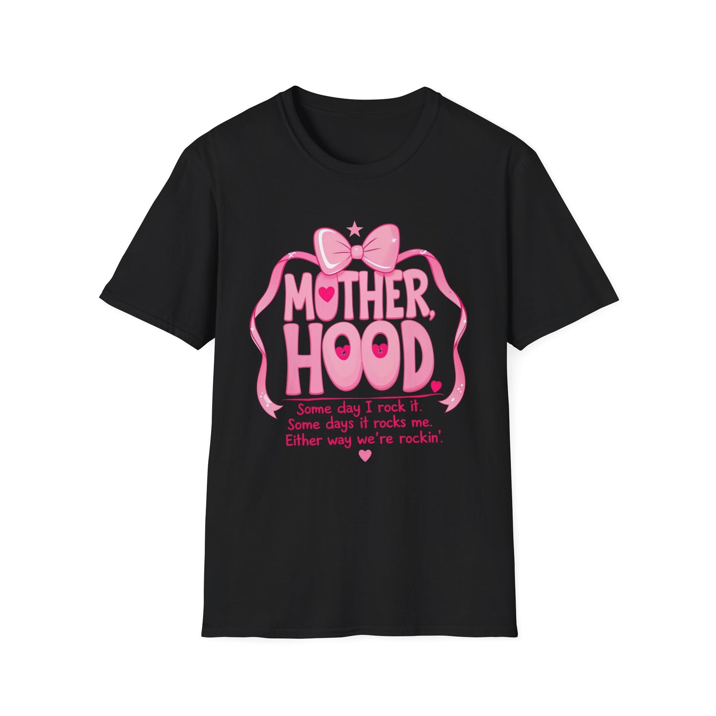 Motherhood Pink Graphic T-Shirt — "Motherhood" Bow Design with Cute Quote
