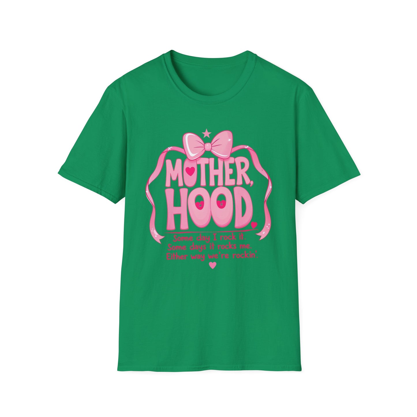 Motherhood Pink Graphic T-Shirt — "Motherhood" Bow Design with Cute Quote