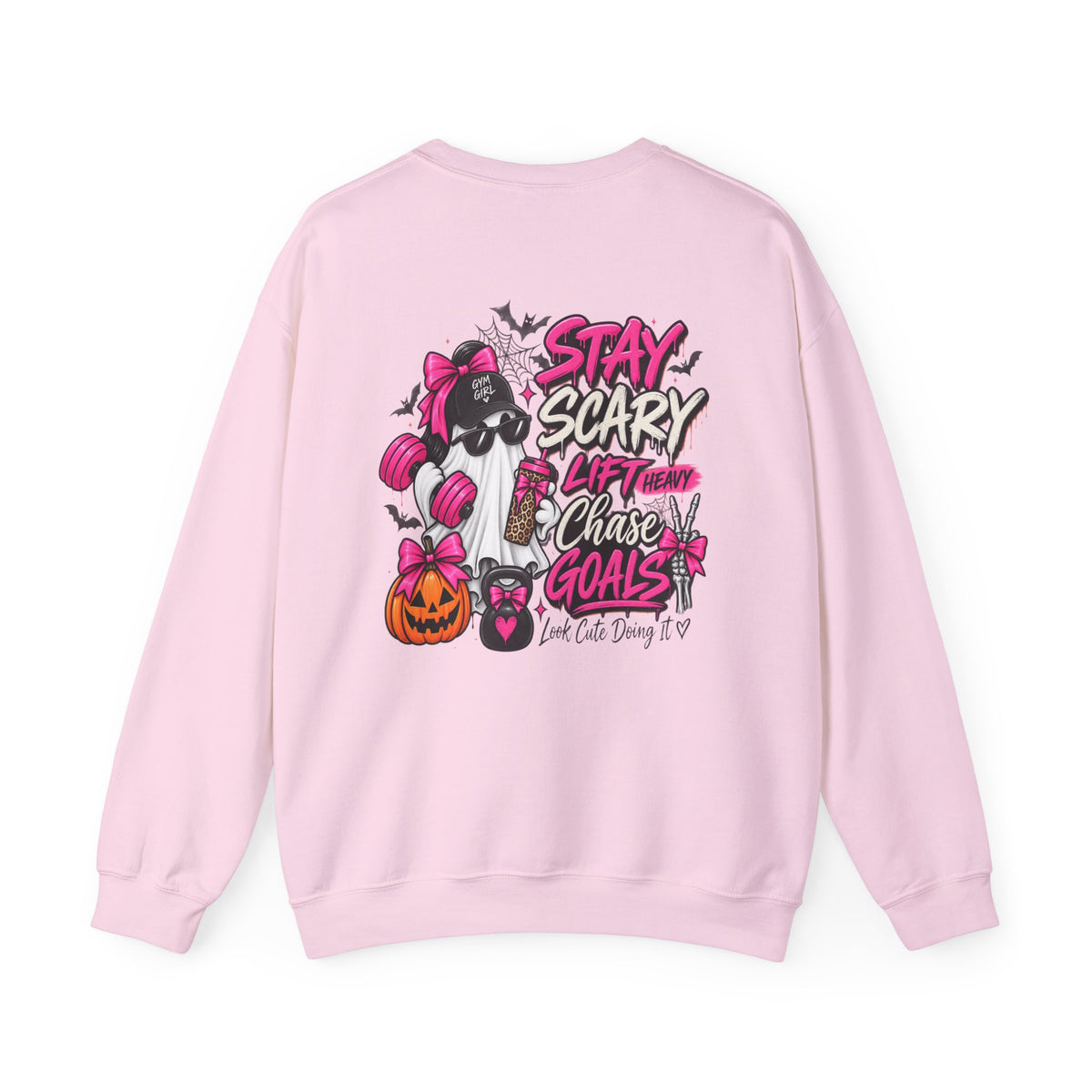 Crewneck Sweatshirt — "Stay Scary, Lift Heavy, Chase Goals" Halloween Gym Graphic