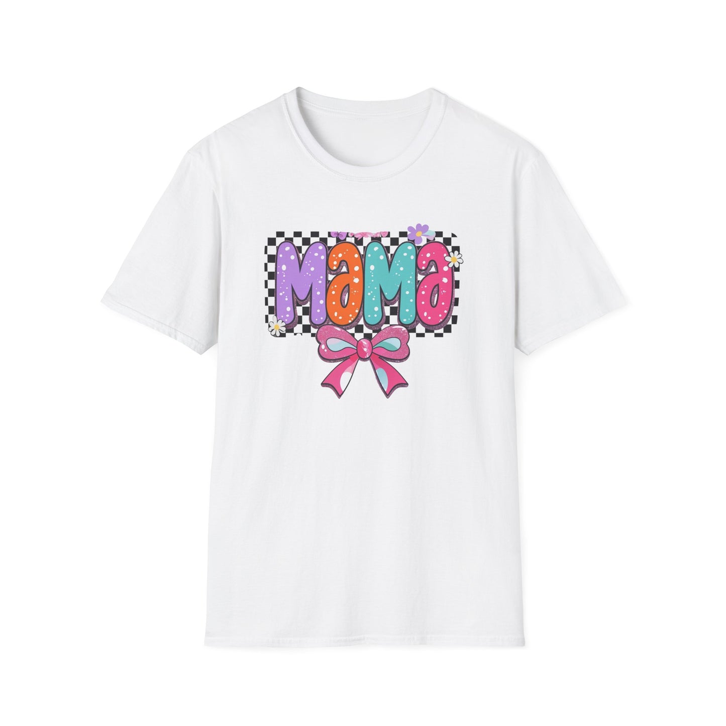 Mama Colorful Plaid Bow T-Shirt — Cute Floral "Mama" Graphic Tee for Moms, Mother's Day Gift