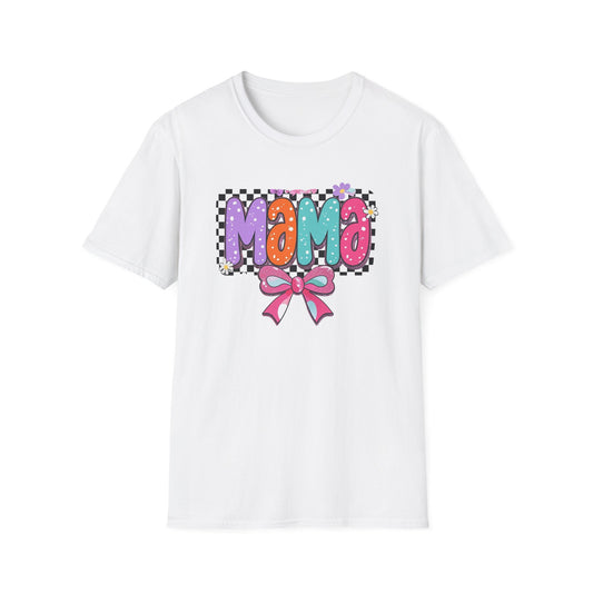 Mama Colorful Plaid Bow T-Shirt — Cute Floral "Mama" Graphic Tee for Moms, Mother's Day Gift