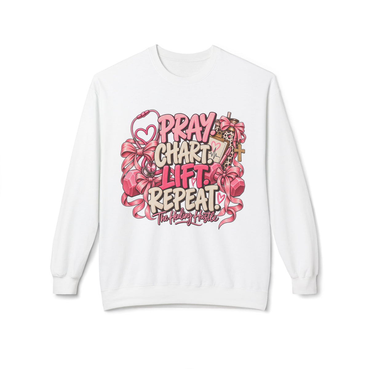 Pray Chart Lift Repeat Crewneck Sweatshirt — Christian Fitness Inspirational Pullover