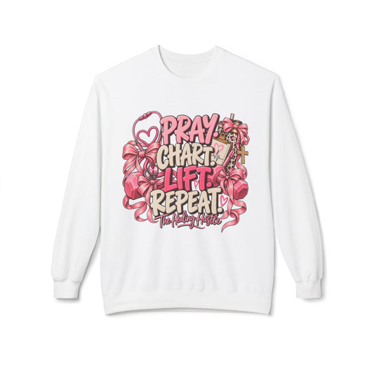 Pray Chart Lift Repeat Crewneck Sweatshirt — Christian Fitness Inspirational Pullover