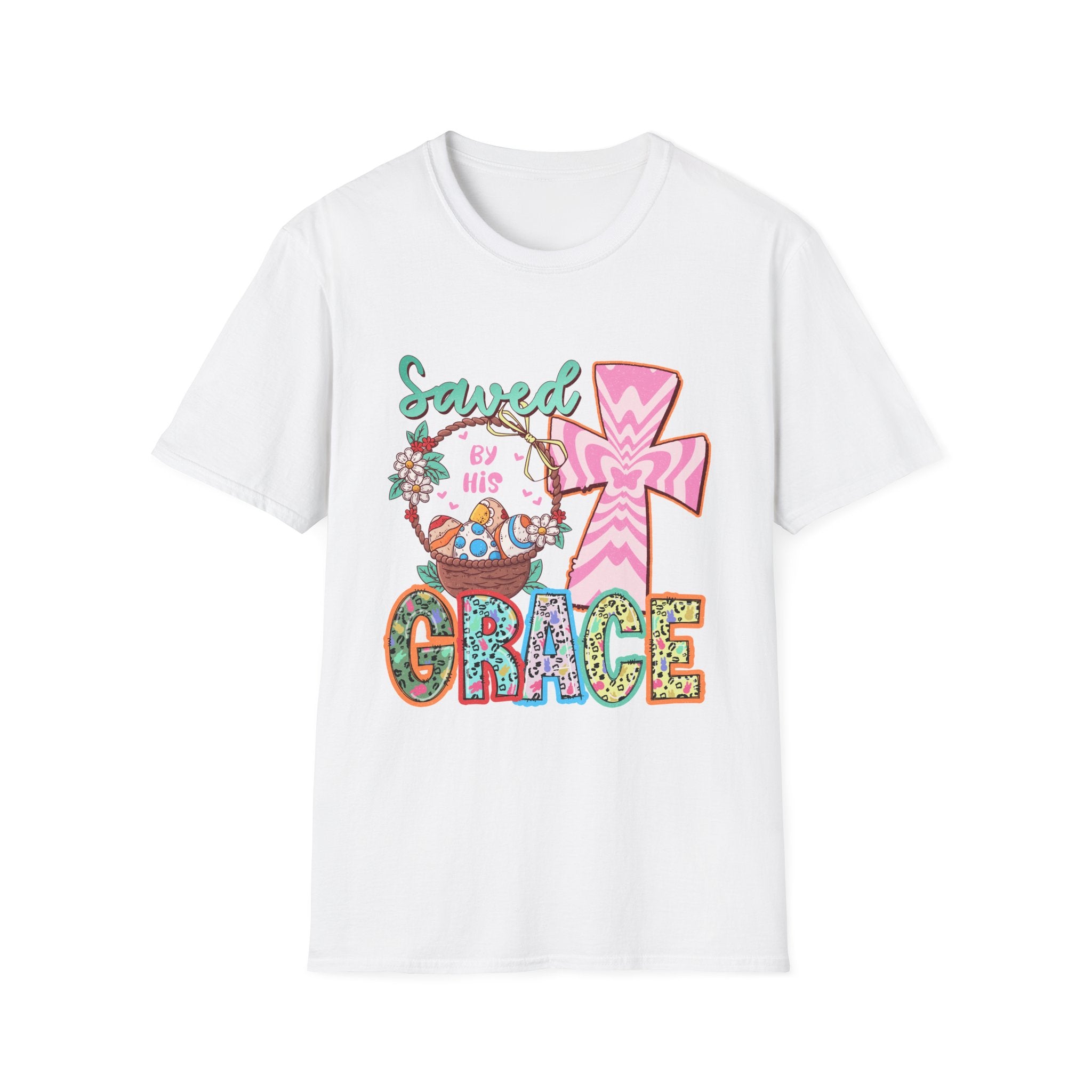 Saved By His Grace Christian T-Shirt — Colorful Cross & Floral Faith Tee