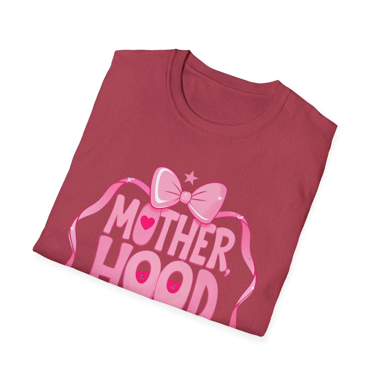 Motherhood Pink Graphic T-Shirt — "Motherhood" Bow Design with Cute Quote