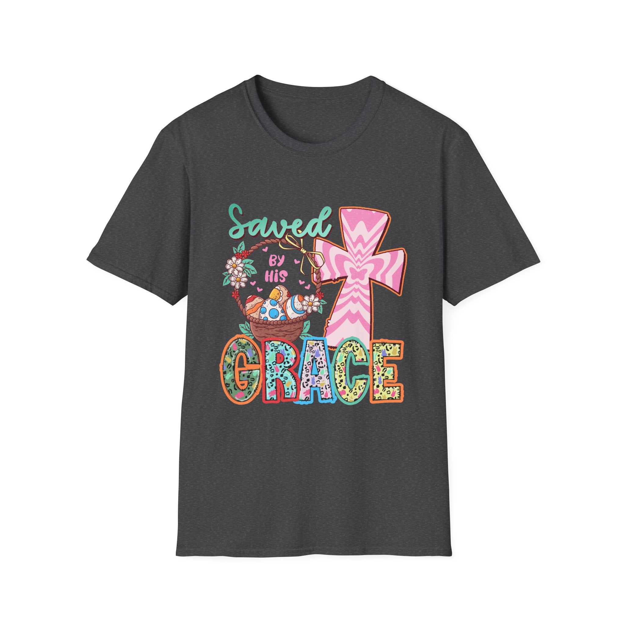 Saved By His Grace Christian T-Shirt — Colorful Cross & Floral Faith Tee