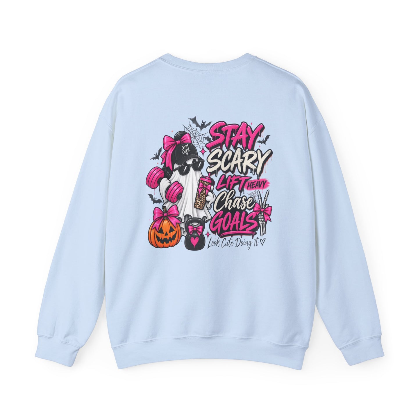 Crewneck Sweatshirt — "Stay Scary, Lift Heavy, Chase Goals" Halloween Gym Graphic
