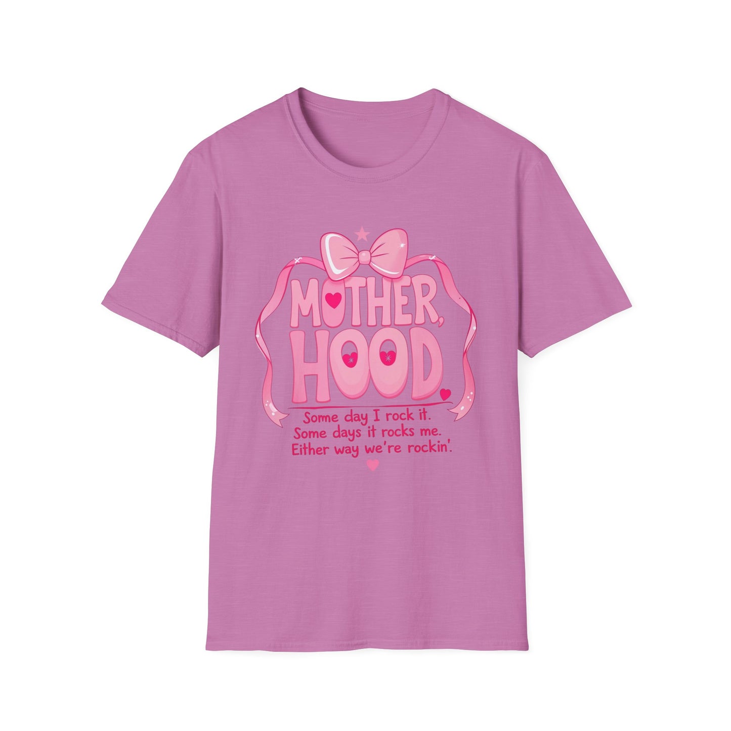 Motherhood Pink Graphic T-Shirt — "Motherhood" Bow Design with Cute Quote