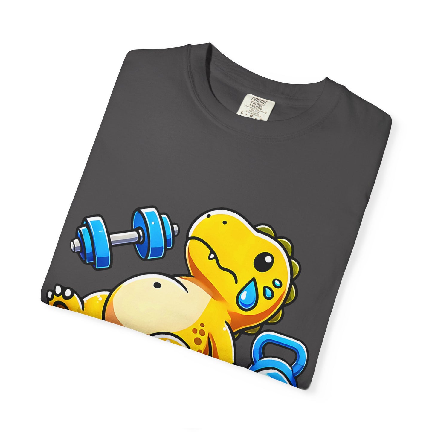 Cute Sweating Dino Lifting Dumbbells