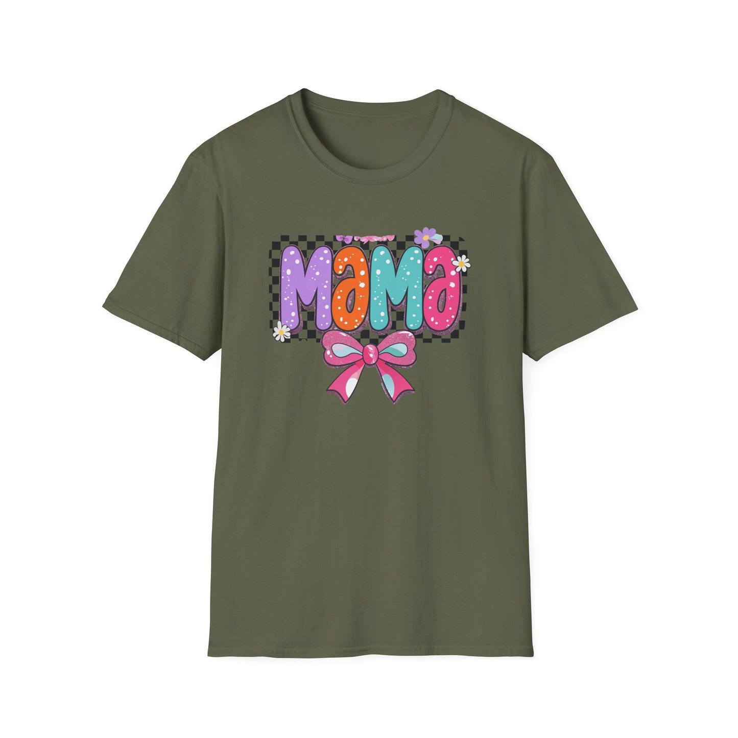 Mama Colorful Plaid Bow T-Shirt — Cute Floral "Mama" Graphic Tee for Moms, Mother's Day Gift